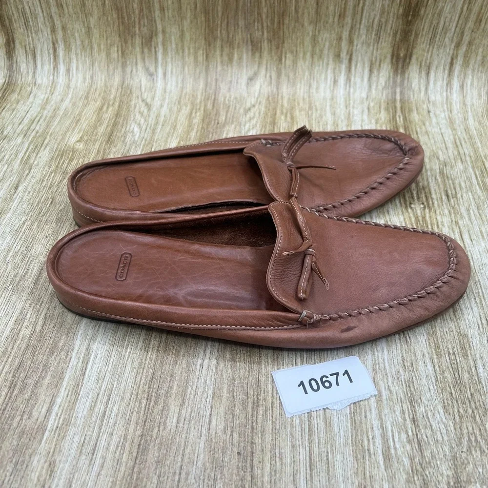 Coach Rayna Mule Loafer Women's 9 Brown Leather Made in Italy Bow Whipstitch